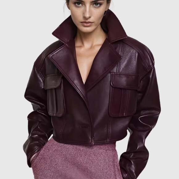 COPY - Purple Cropped Faux Leather Jacket with Wide Collar and Oversized Fit - Picture 1 of 3